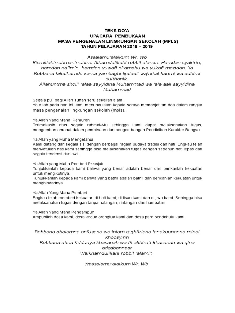 Teks Do A Upacara Pembukaan Masa Pengenalan Lingkungan Sekolah Mpls Tahun Pelajaran 2018 2019