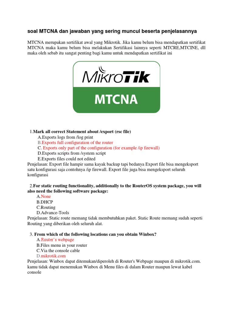 Soal Mikrotik Mtcna Dan Jawabannya Soal Evaluasi