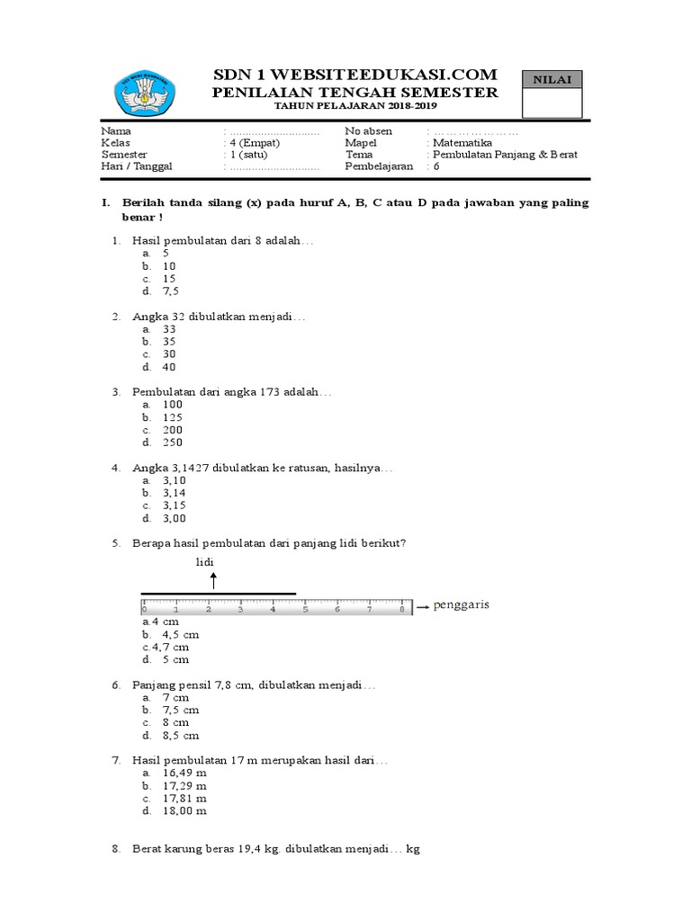 6 Soal Mtk Kelas 4 Pembulatan Panjang Dan Berat Websiteedukasi Com Doc