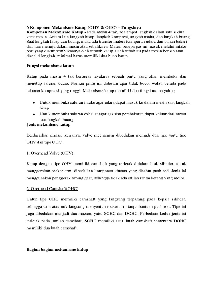 6 Komponen Mekanisme Katup Ohv Ohc Fungsinya