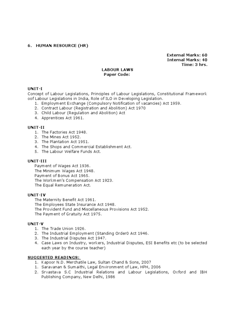 Human Resource (HR) External Marks: 60 Time: 3 Hrs. Labour Laws Paper ...