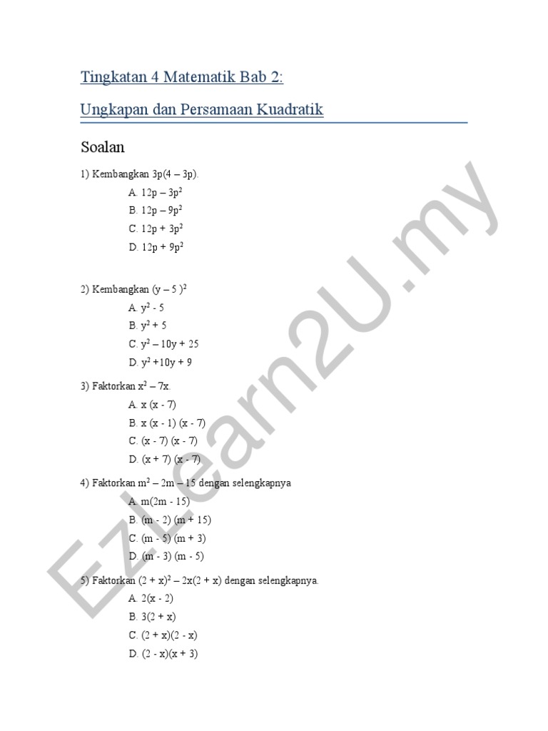 Soalan Tubic F4 Matematik Bab 2 Ungkapan Persamaan Kuadratik PDF | PDF