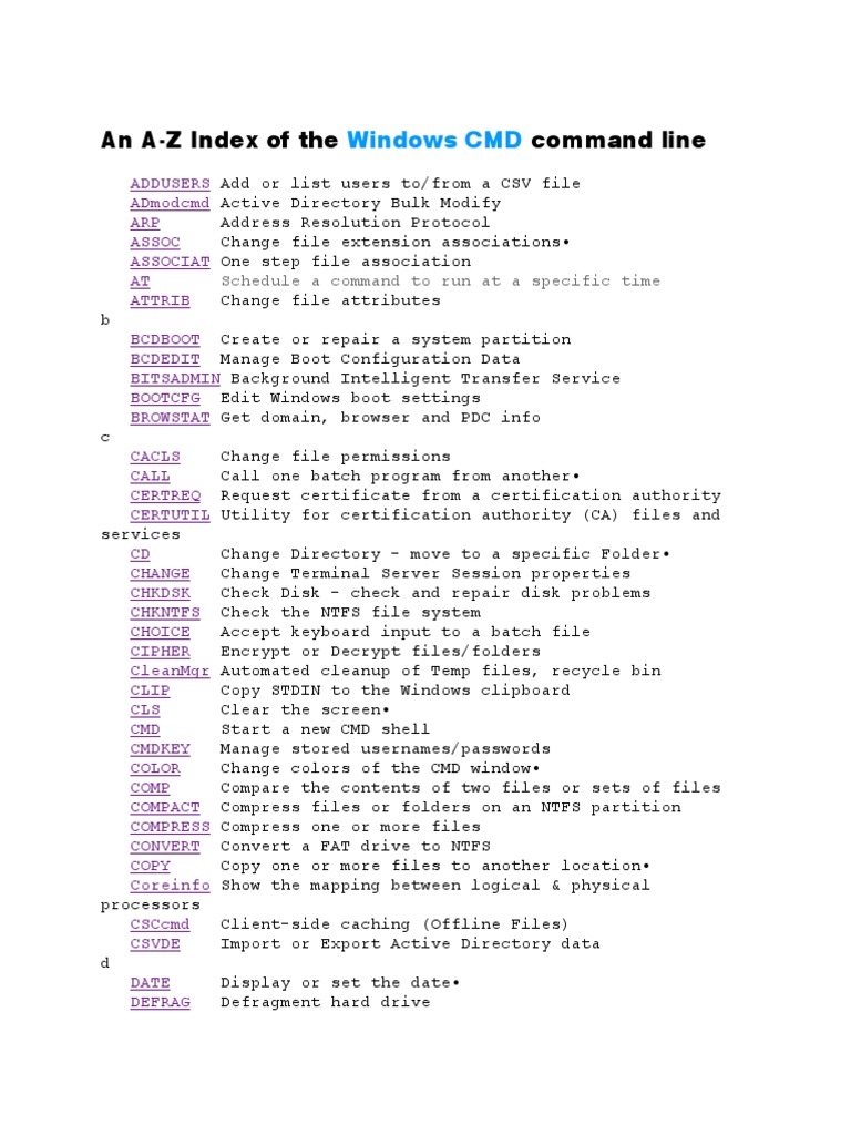 A-Z Windows CMD Command Line Index | PDF | Windows Registry | Computer File