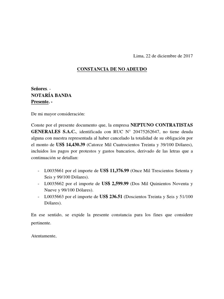 Modelo Carta De No Adeudo Pdf