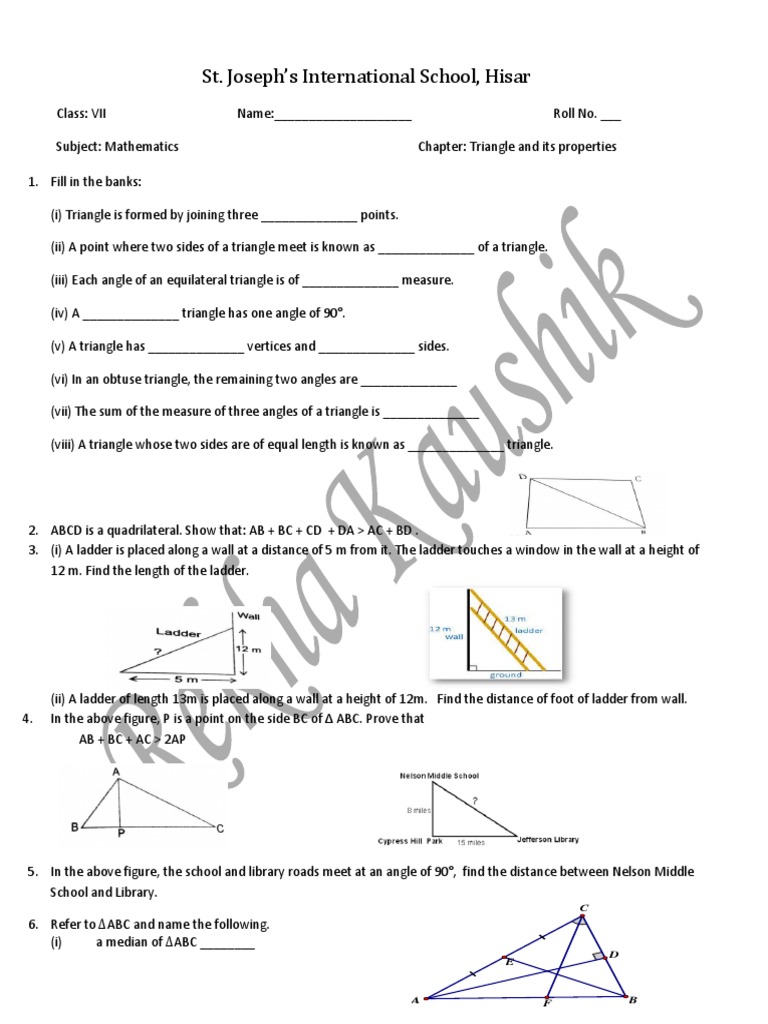 Class 7 Triangles Worksheet PDF Triangle Angle