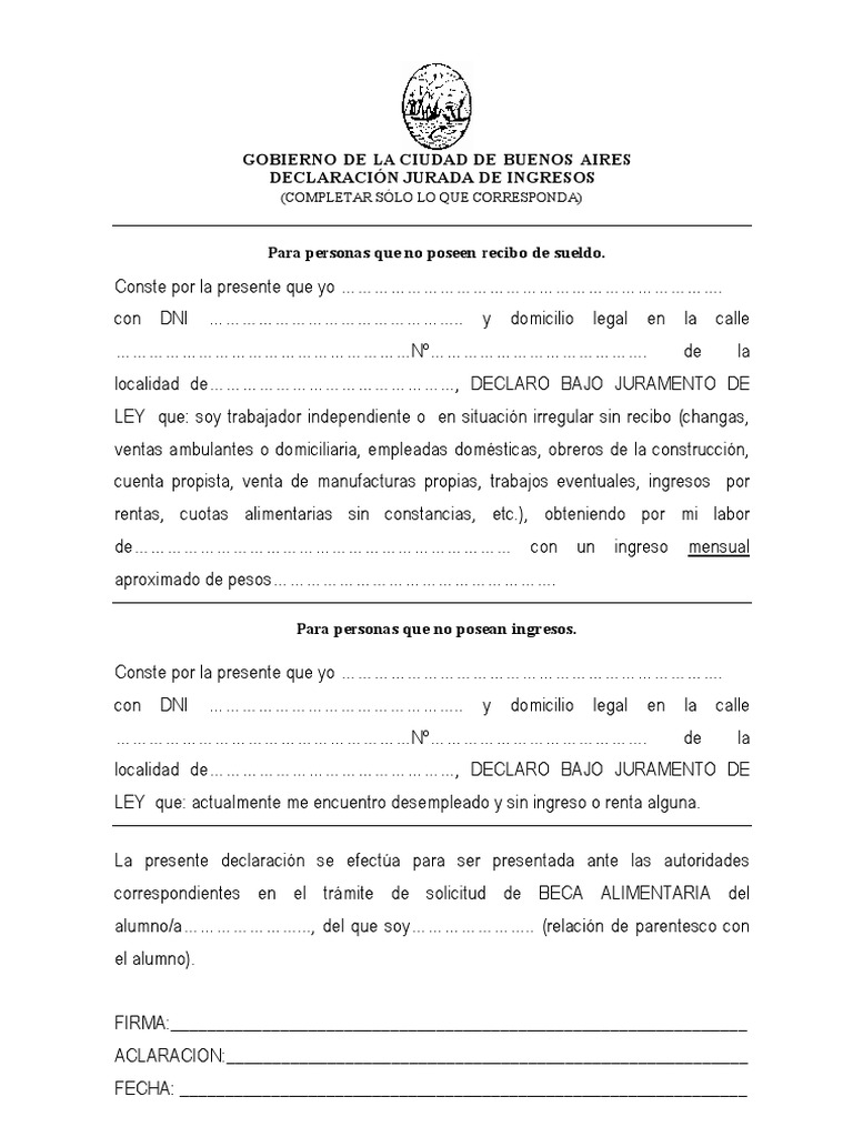 Modelo de Declaración Jurada de Ingresos | PDF