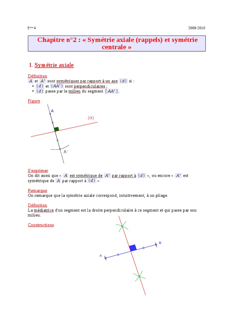 Exercice Symétrie Axiale 5ème Avec Corrigé Cours Symetrie Centrale | PDF | Perpendicularité | Géométrie