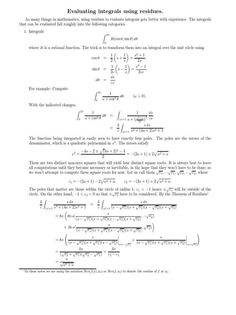Residue Method for Integral Evaluation | PDF | Integral | Complex Number