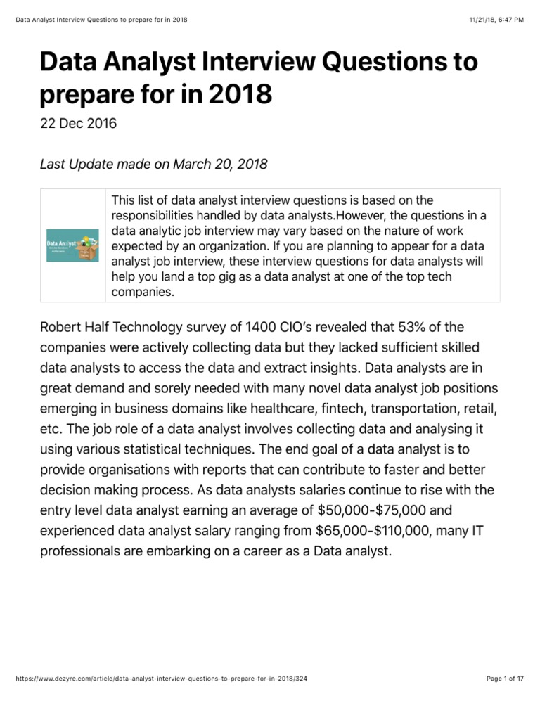 Data Analyst Interview Questions To Prepare For in 2018 | PDF | Data ...