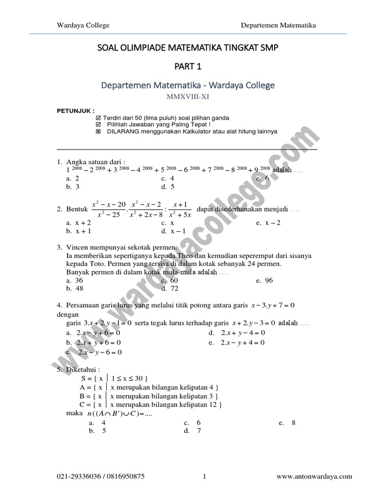 2018 Xi Matematika Smp Olimpiade Soal Kunci Jawaban V1a