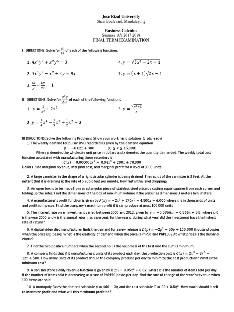 Business Calculus Final Exam Solutions | PDF | Prices | Demand