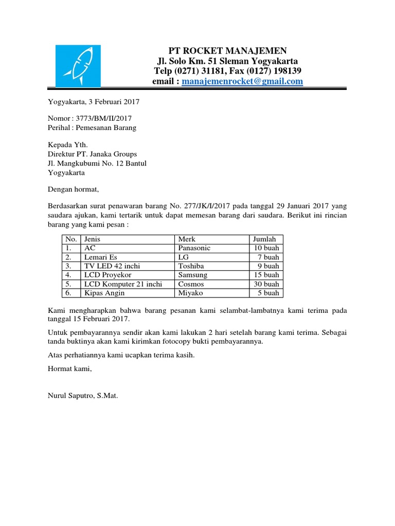 6+ Contoh Surat Penawaran Barang Pt Rocket Manajemen  Kumpulan Letter