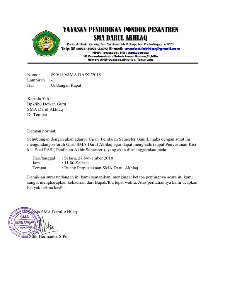 Contoh Surat Undangan Rapat