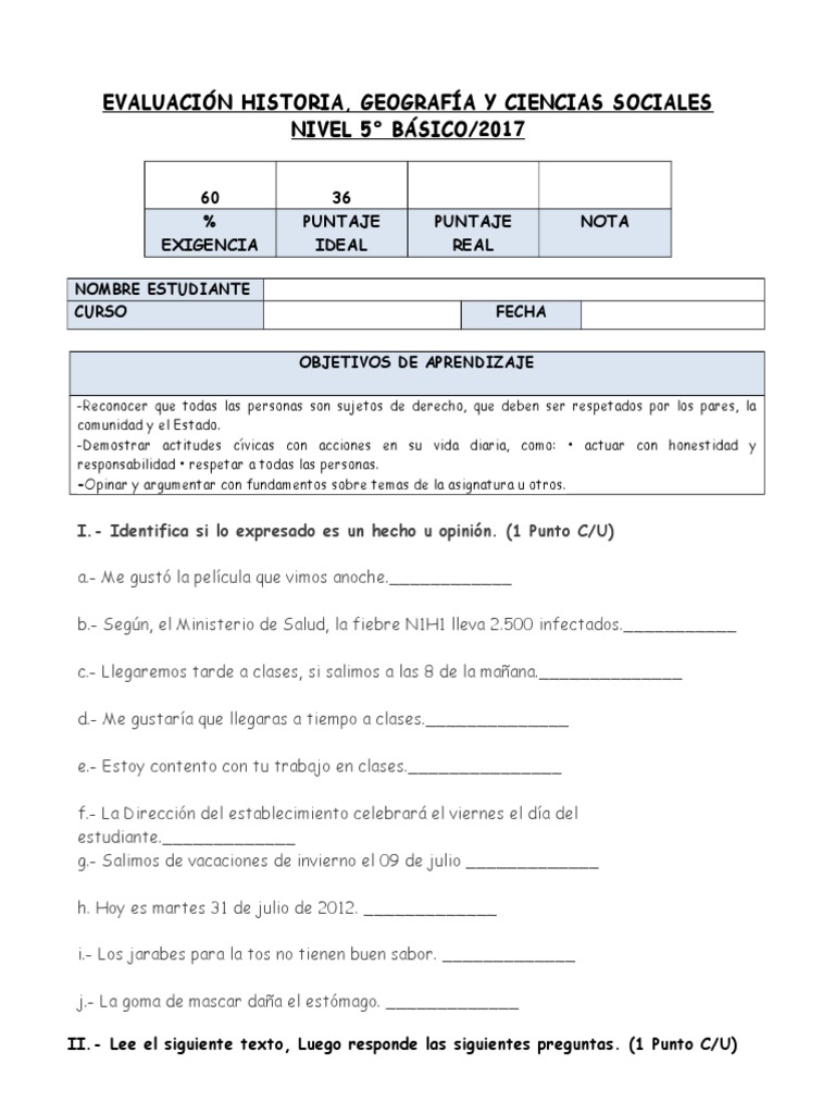 Prueba Historia 5 Basico 1 Unidad (1) Chile Unicef