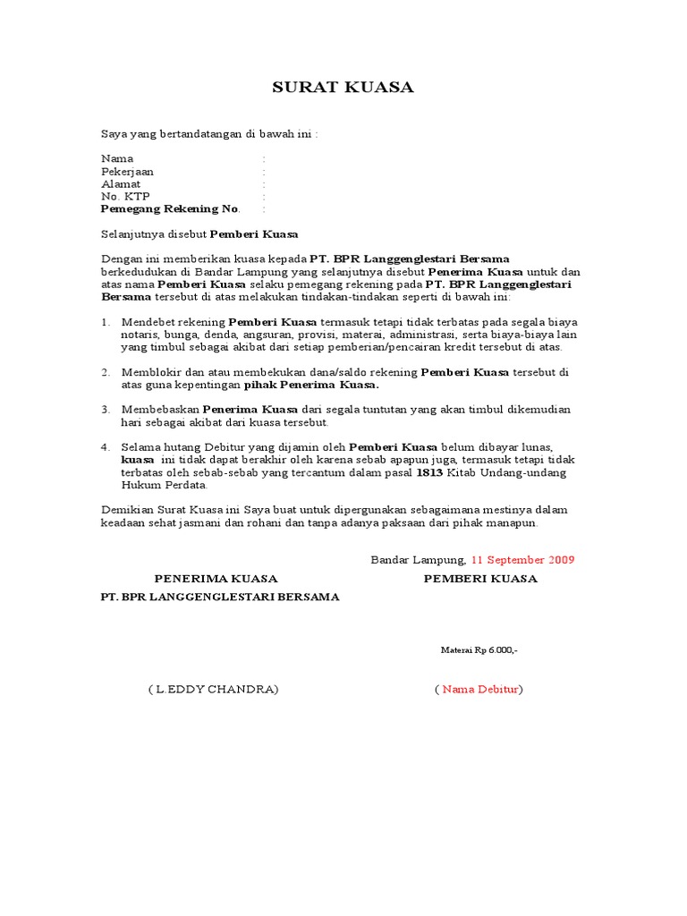 Contoh Surat Kuasa Debet Rekening