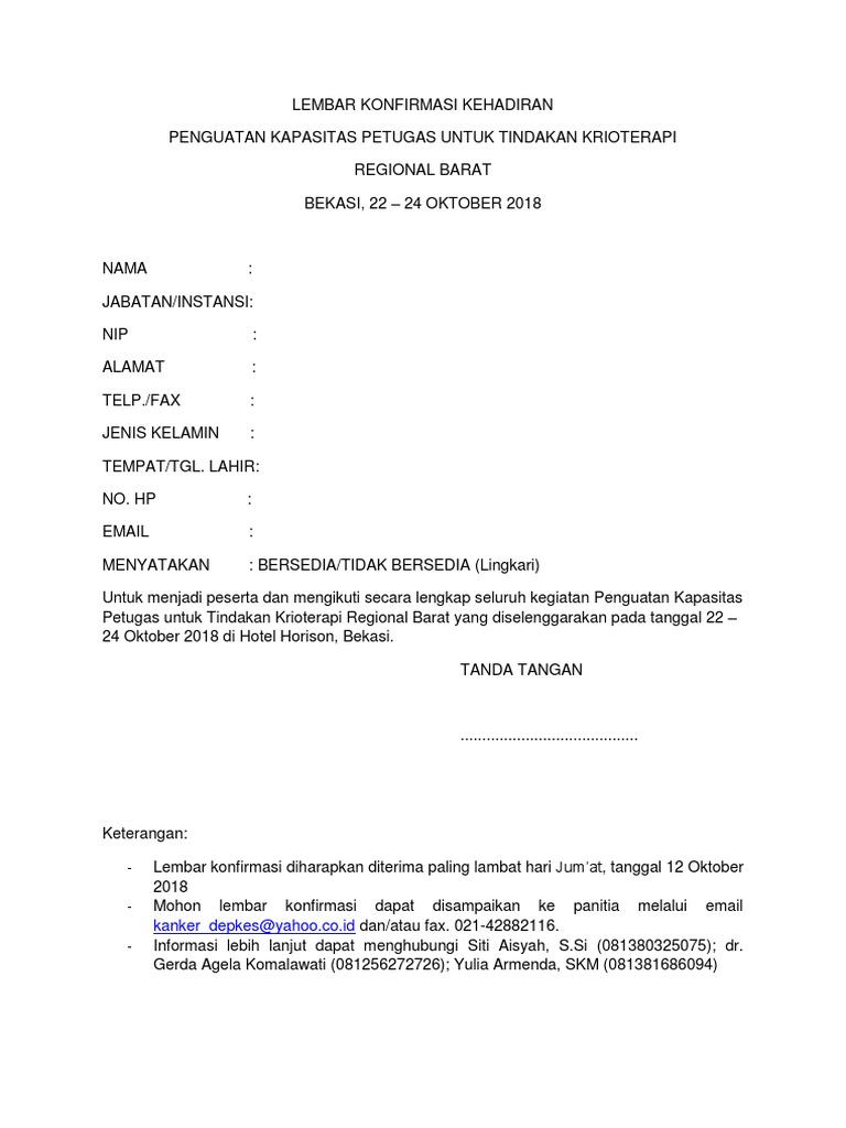 Lembar Konfirmasi Kehadiran Regional Barat