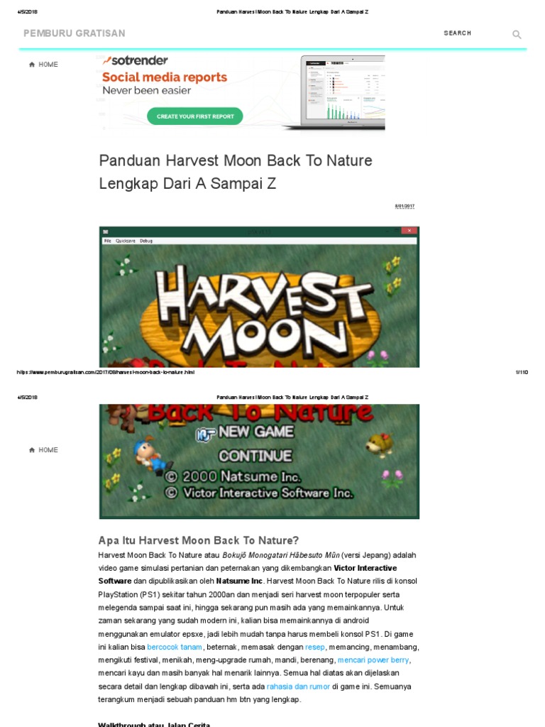 Panduan Harvest Moon Back To Nature Lengkap Dari A Sampai Z | PDF