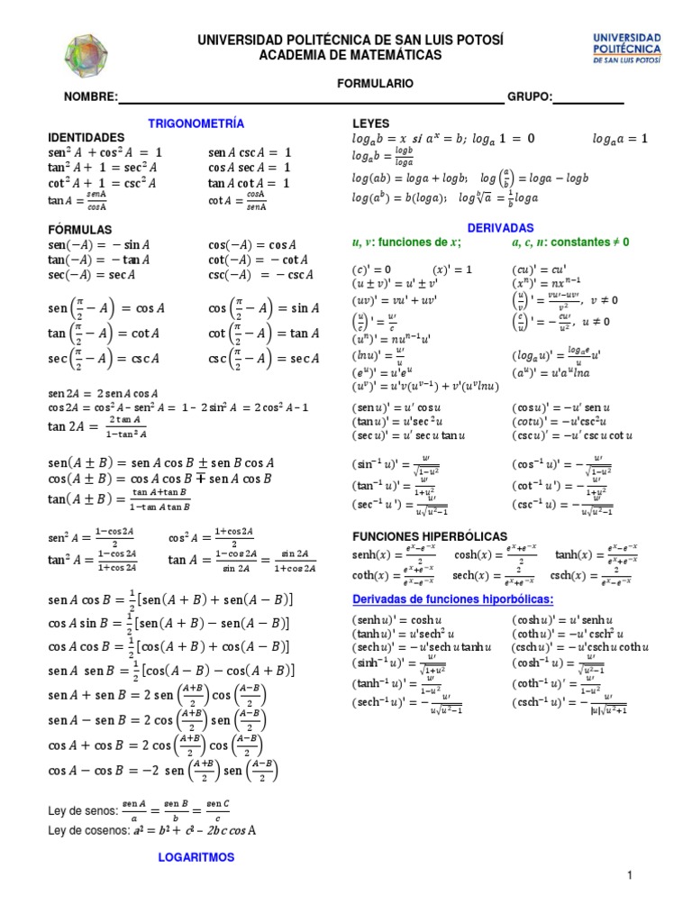 Formulario Completo de Matemáticas | PDF | Integral | Derivado