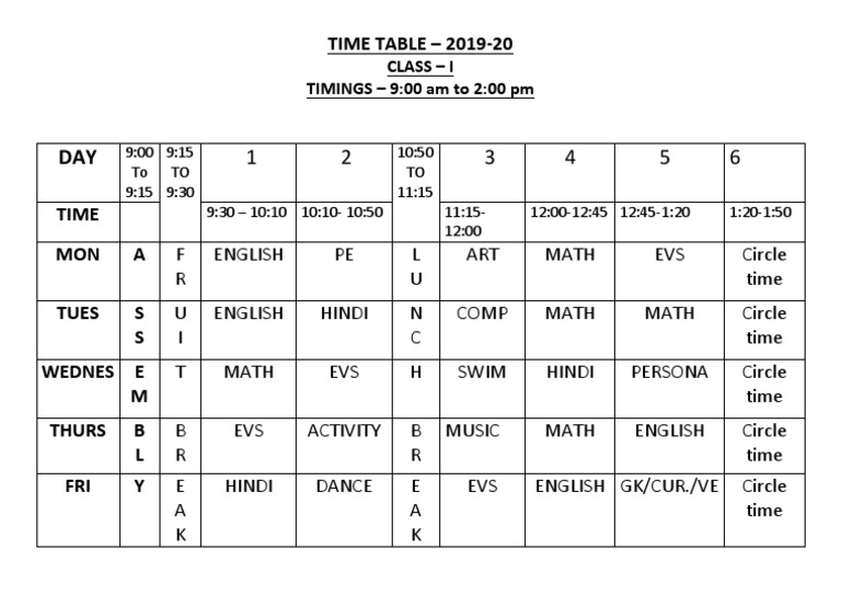 Class I Timetable 2019-20 | PDF | Art