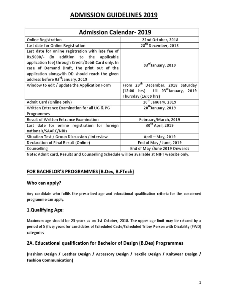 NIFT 2019 Admission Guidelines | PDF | University And College Admission ...