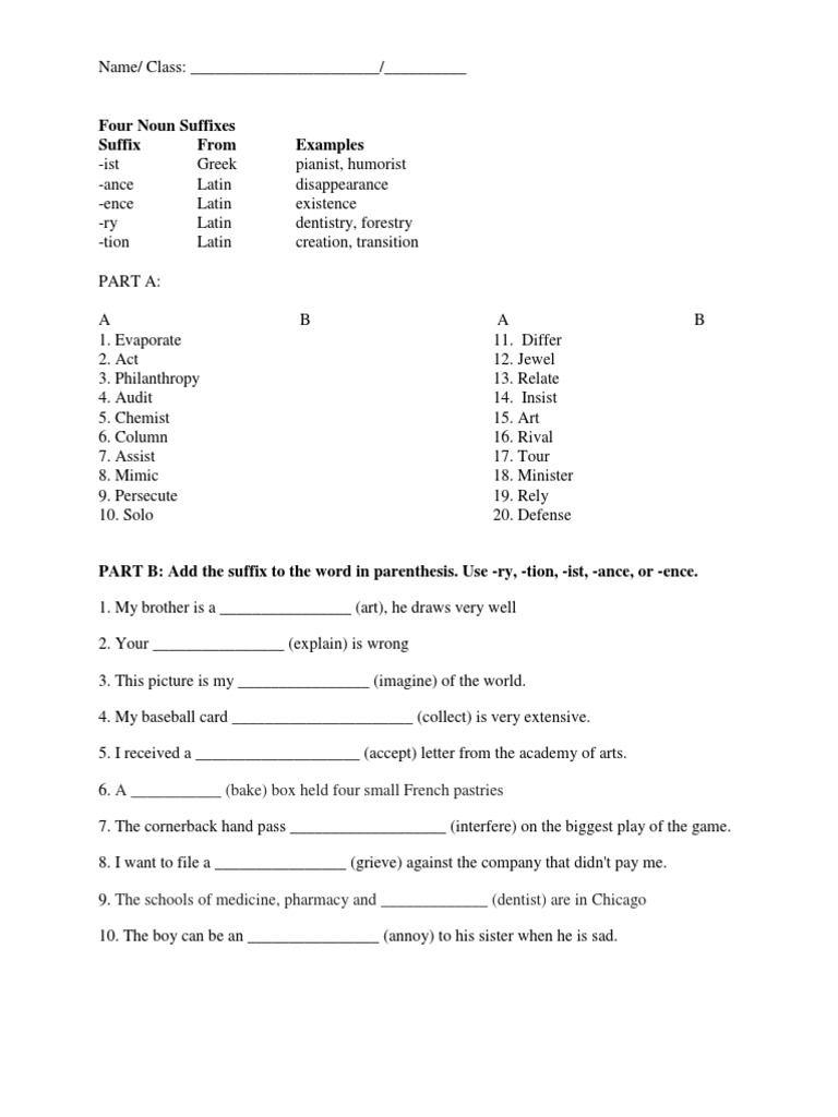 Noun Suffixes Exercises Worksheet | PDF