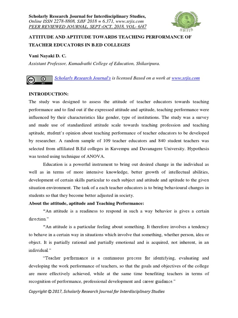 Attitude and Aptitude Towards Teaching Performance of Teacher Educators ...