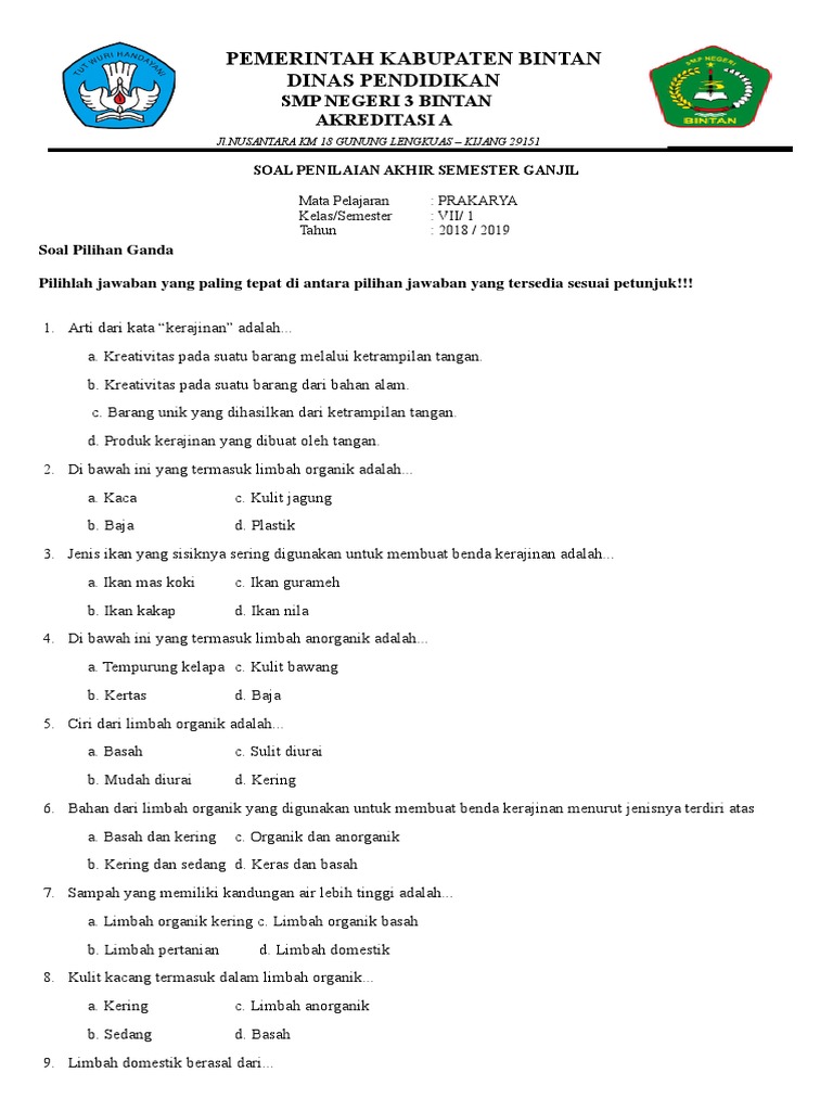 Soal Semester Prakarya Kelas 7 Docx