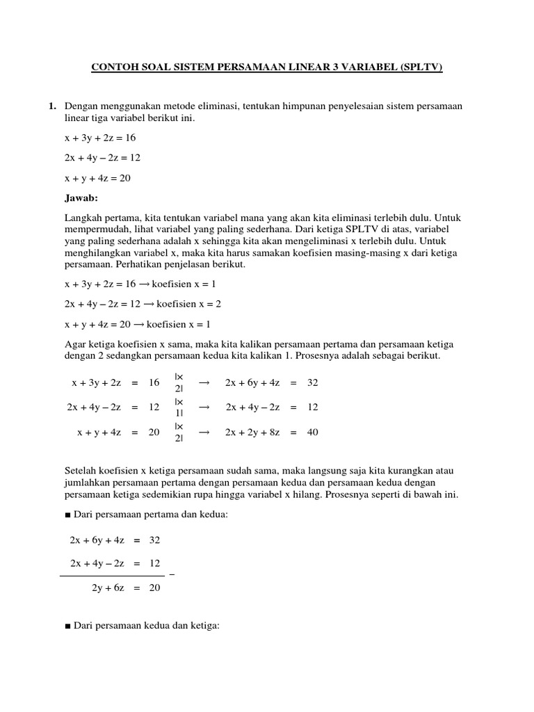 Contoh Soal Sistem Persamaan Linear 3 Variabel