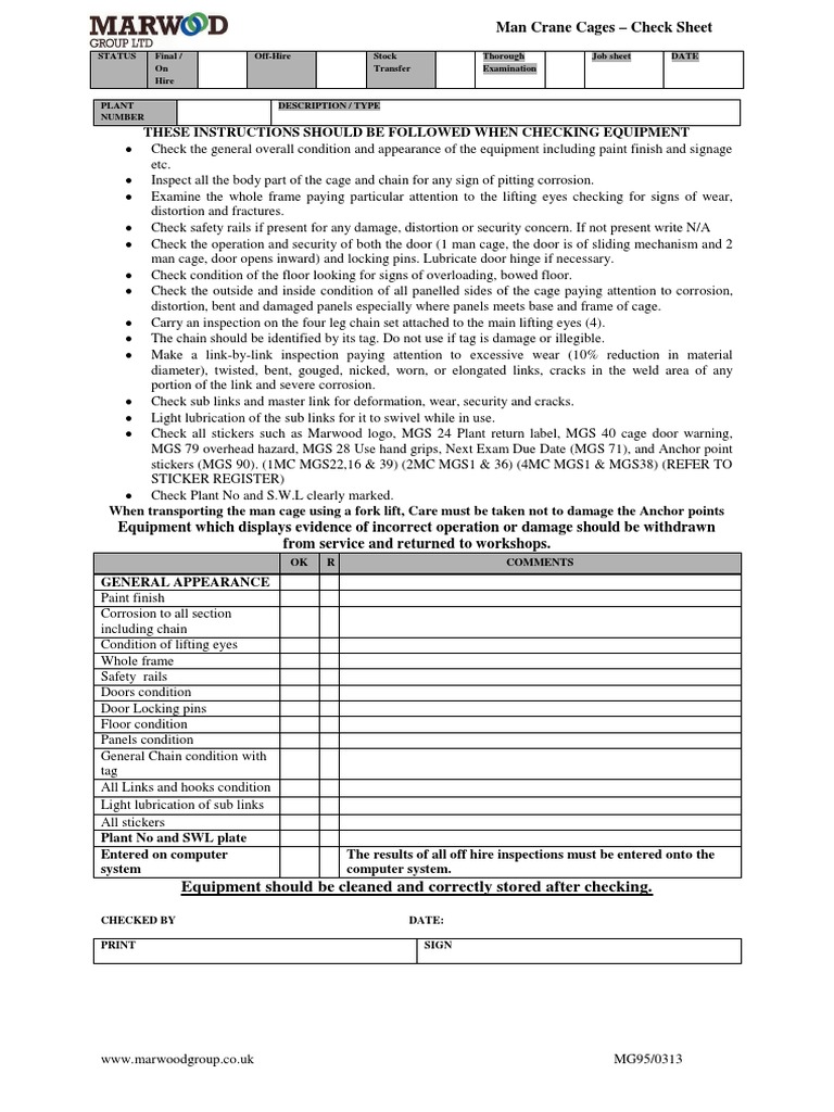 Man Cage Inspection Checklist | PDF | Door | Wear