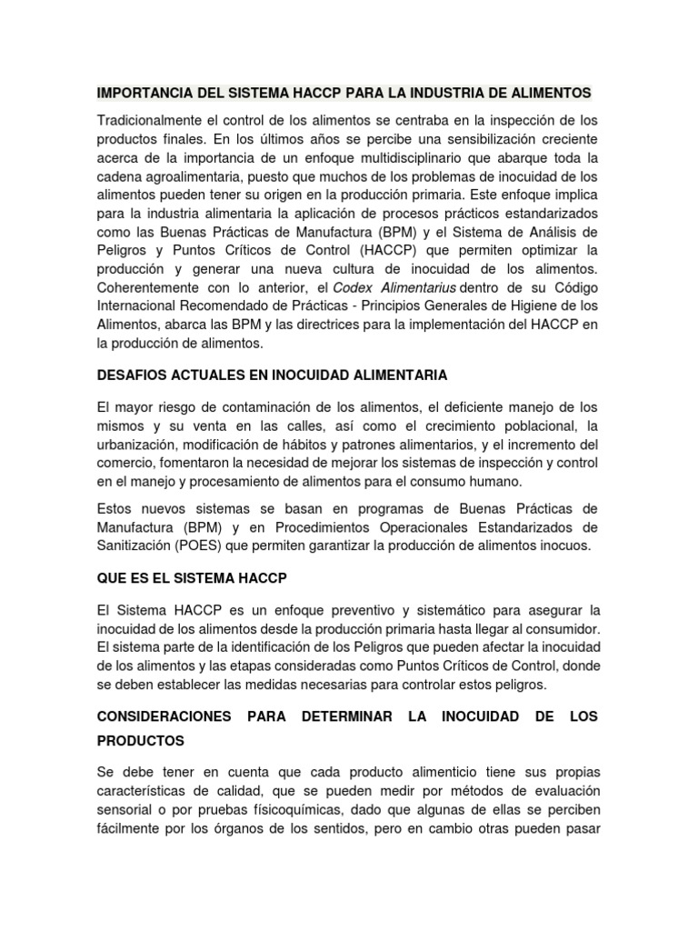 Importancia Del Sistema HACCP para La Industria de Alimentos | PDF ...