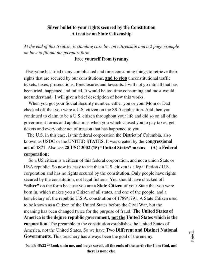 At The End of This Treatise, Is Standing Case Law On Citizenship and A