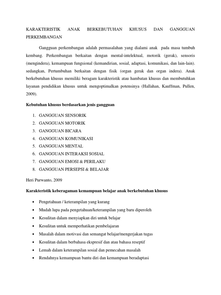 Jenis Dan Karakteristik Anak Berkebutuhan Khusus
