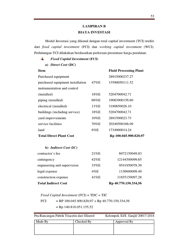 Lampiran B Biaya Investasi: Fixed Capital Investment (FCI) | PDF ...