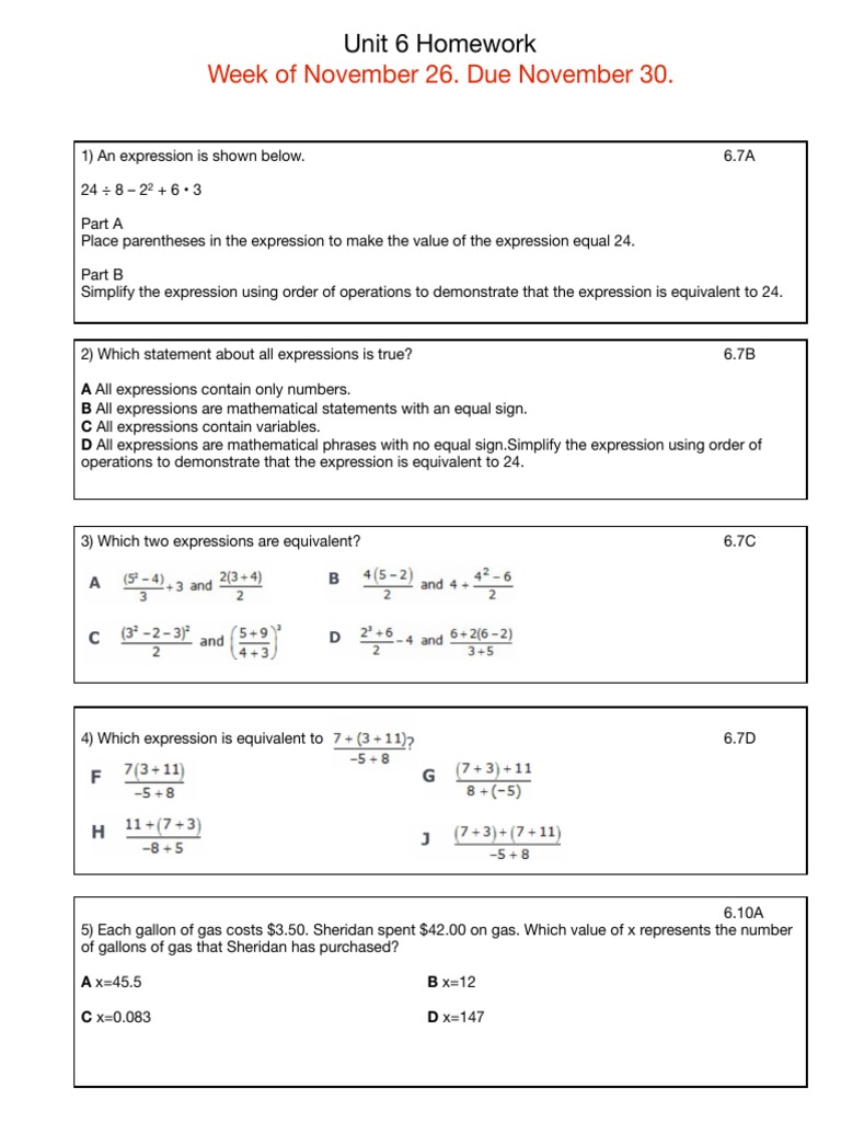 Unit 6 Homework Week November 26 | PDF | Equations | Teaching Mathematics