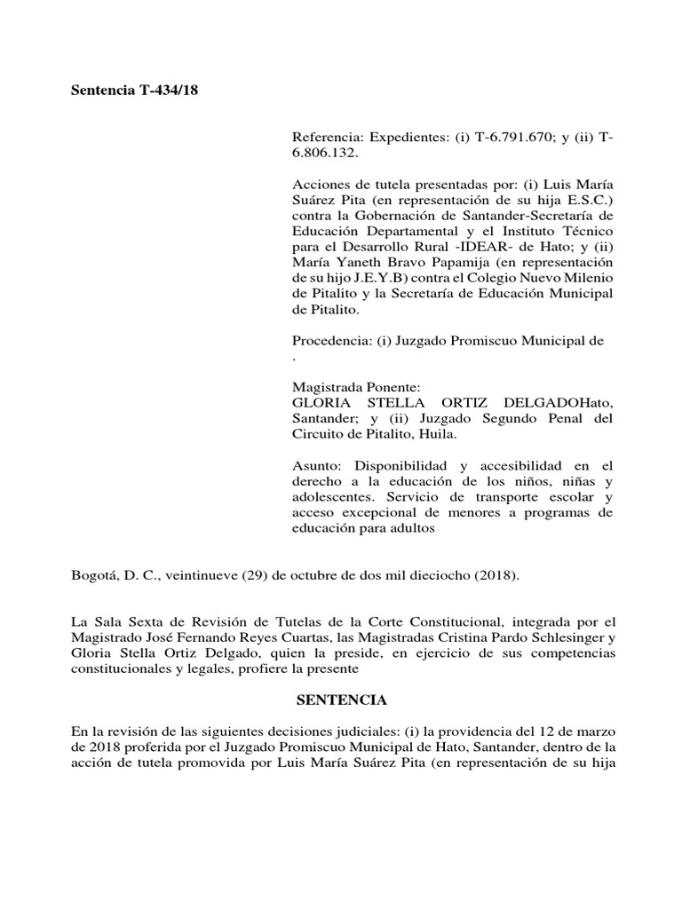 Sentencia T-434/18 | PDF | Derecho Constitucional | Caso de ley