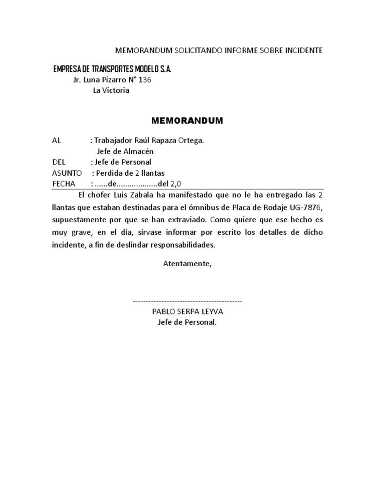 Memorandum Solicitando Informe Sobre Incidente