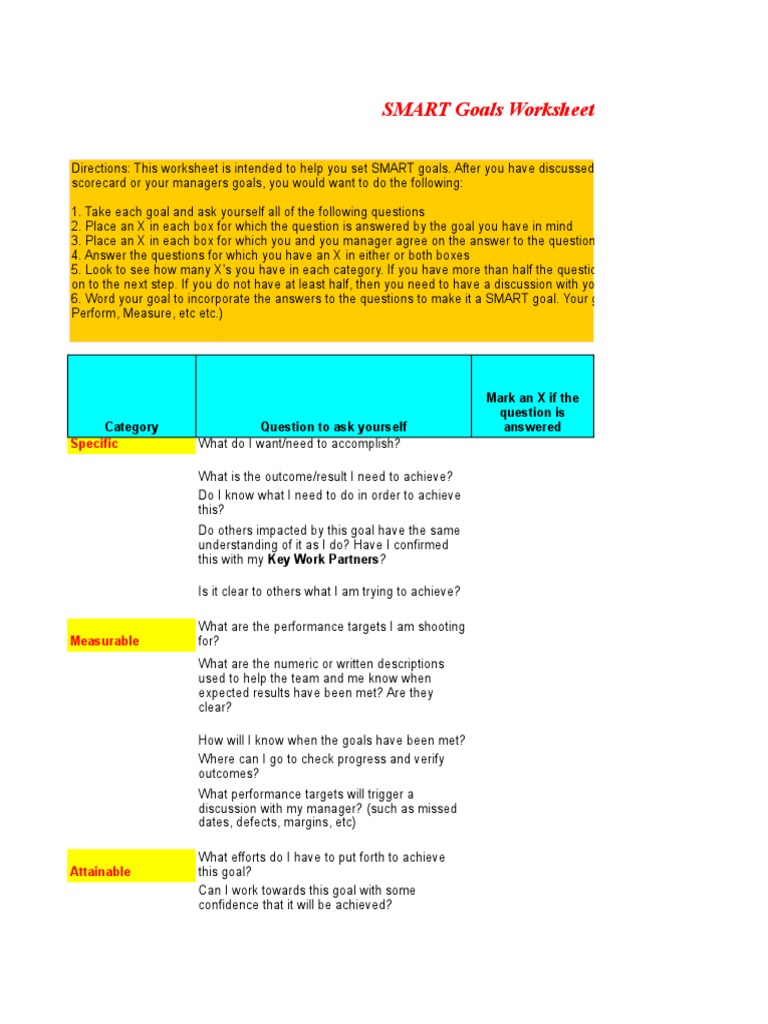 SMART Goals Worksheet | PDF | Goal | Question