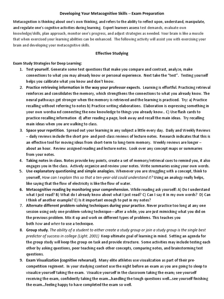 Metacognitive Skills for Exam Success | PDF | Metacognition | Recall ...
