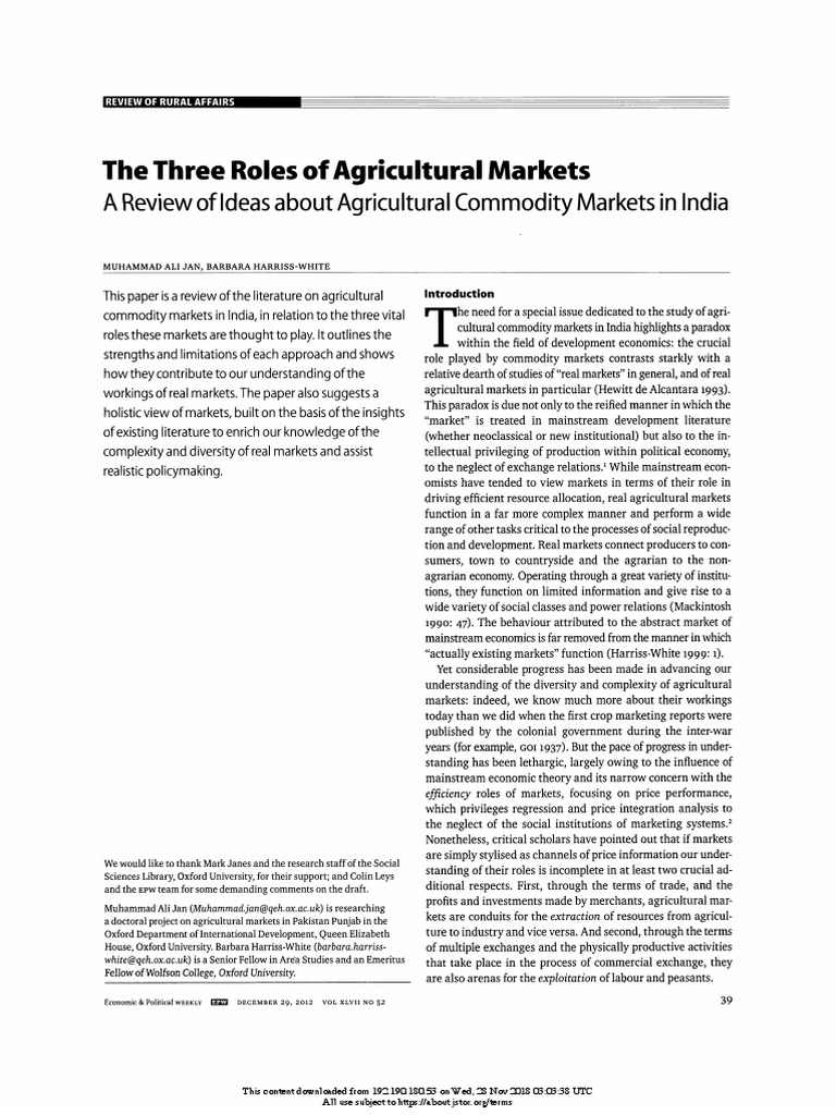 The Three Roles of Agricultural Markets A Review of Ideas About Agricultural Commodity Markets