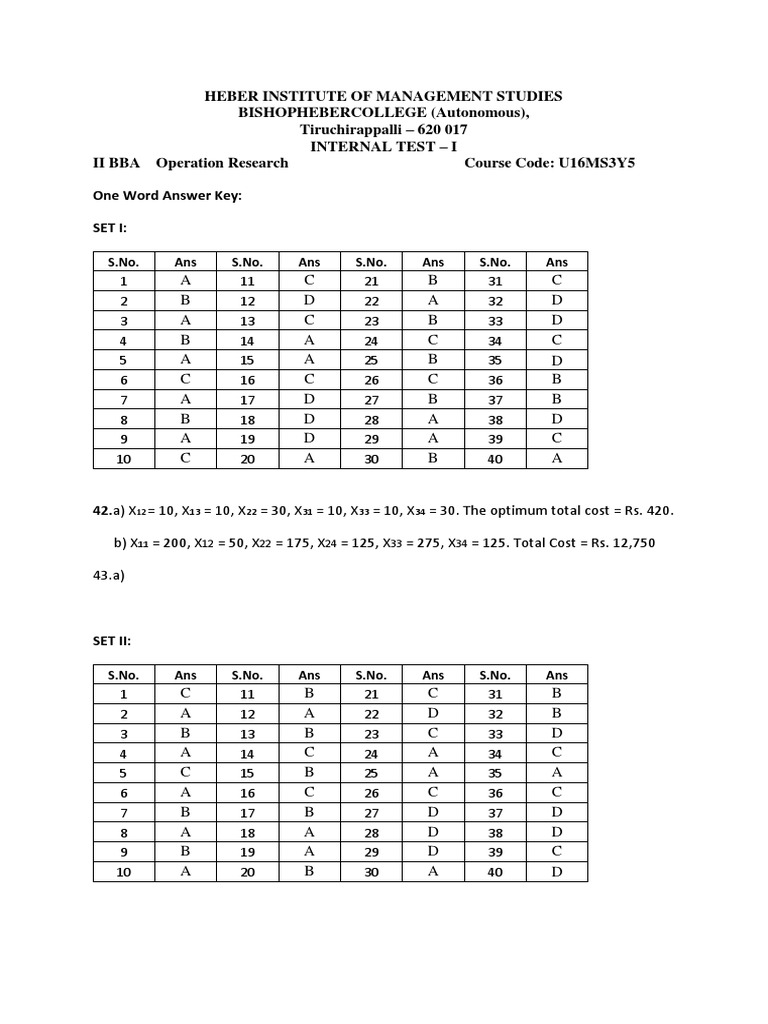 BBA Operation Research Test Answer Key | PDF | Teaching Methods & Materials