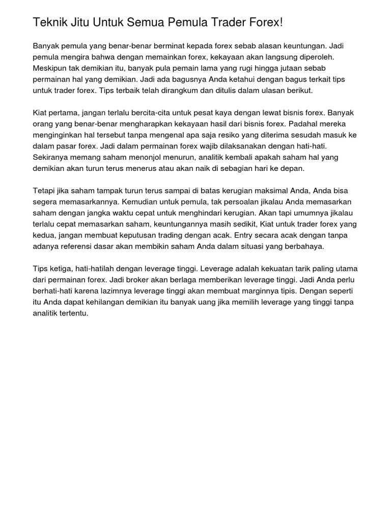 Teknik Jitu Untuk Semua Pemula Trader Forex - 