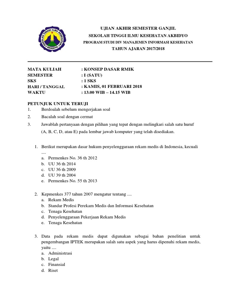 Soal UAS Konsep Dasar RMIK Semester 1