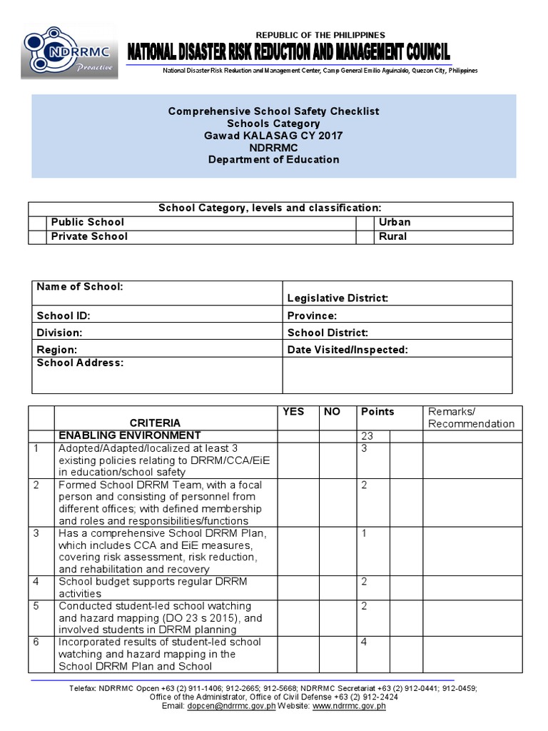 Comprehensive School Safety Checklist | PDF | Schools | Emergency ...