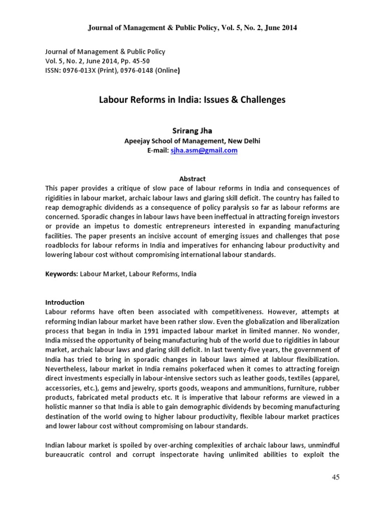 Labour Reforms in India: Issues & Challenges: Srirang Jha | PDF ...