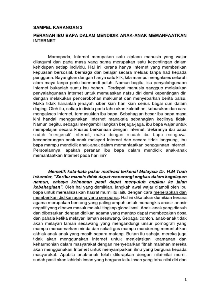 Sampel Karangan 3 Peranan Ibu Bapa Dalam Mendidik Anak Anak Memanfaatkan Internet Pdf