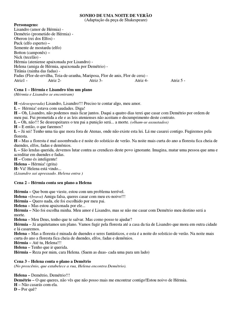 Sonho de Uma Noite de Verão - Versão 2018 | PDF | Sonho de uma Noite de  Verão, image size:768x1024