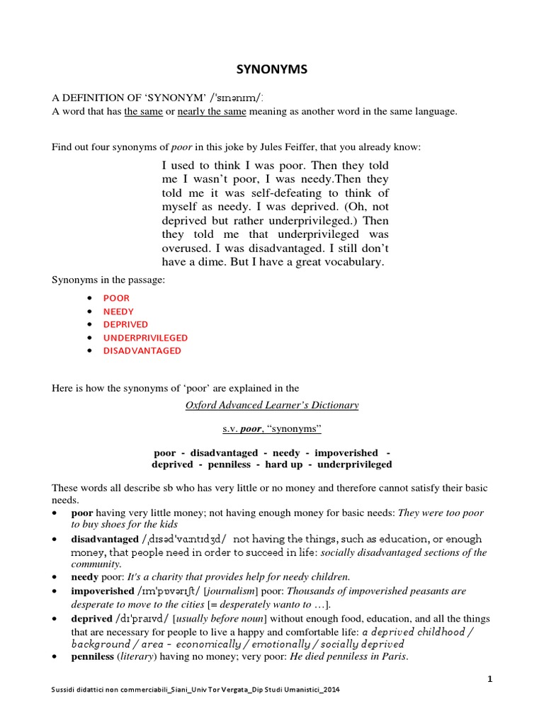 16 Synonyms PDF Poverty Poverty & Homelessness
