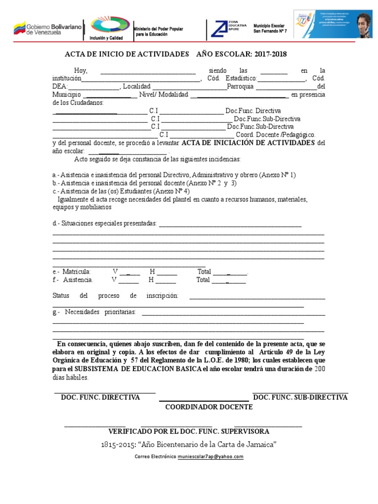 Acta de Inicio Año Escolar 2017-2018 | PDF | Modificación de ...