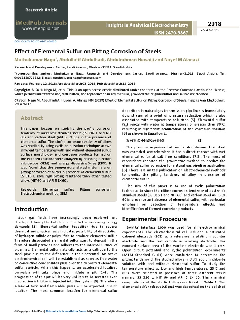Effect of Elemental Sulfur On Pitting Corrosion of Steels PDF | PDF ...