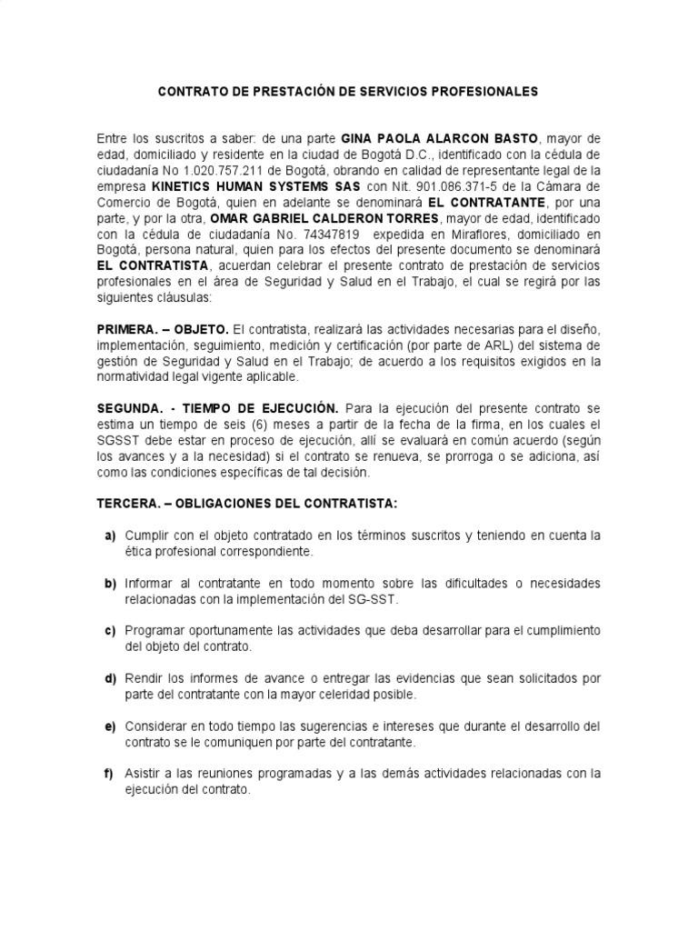 Modelo Contrato Para Prestación De Servicios Profesionales Bogotá 